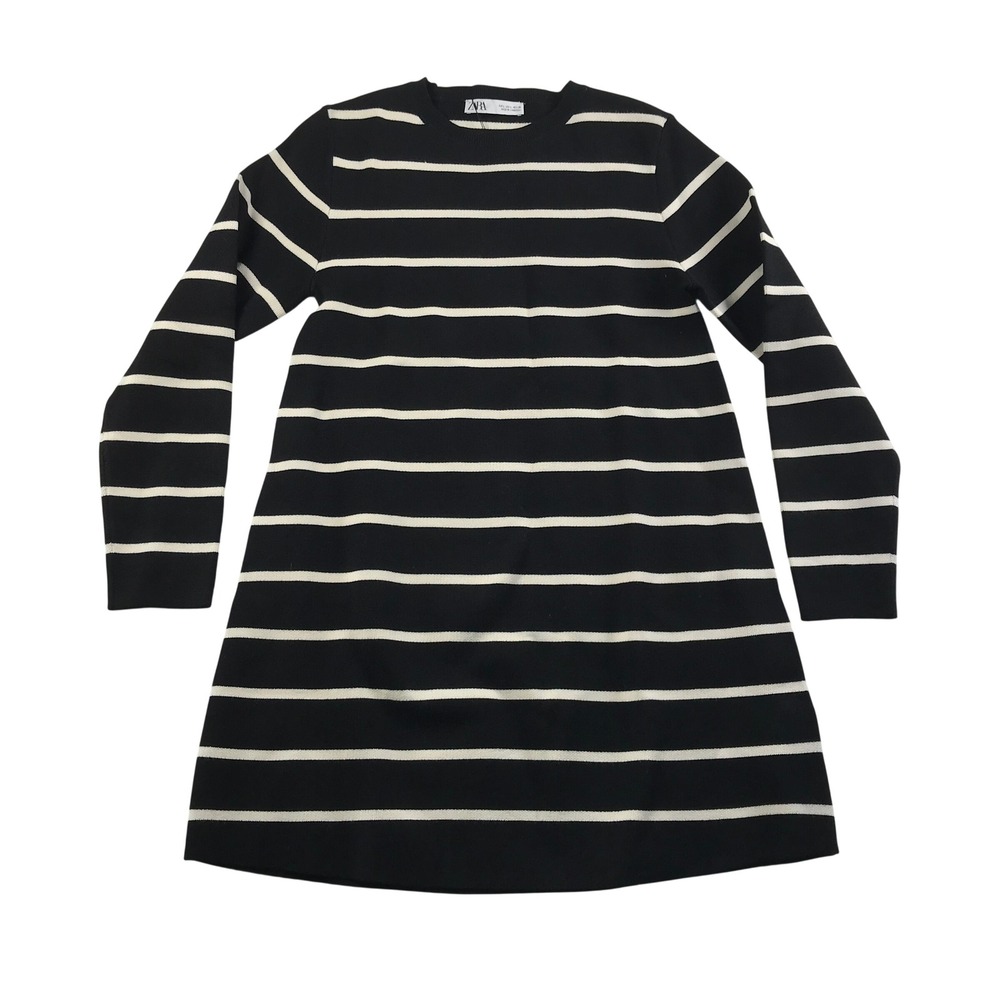Zara Womens Black White Striped Knit Long Sleeve Dress Large 5536/162/104